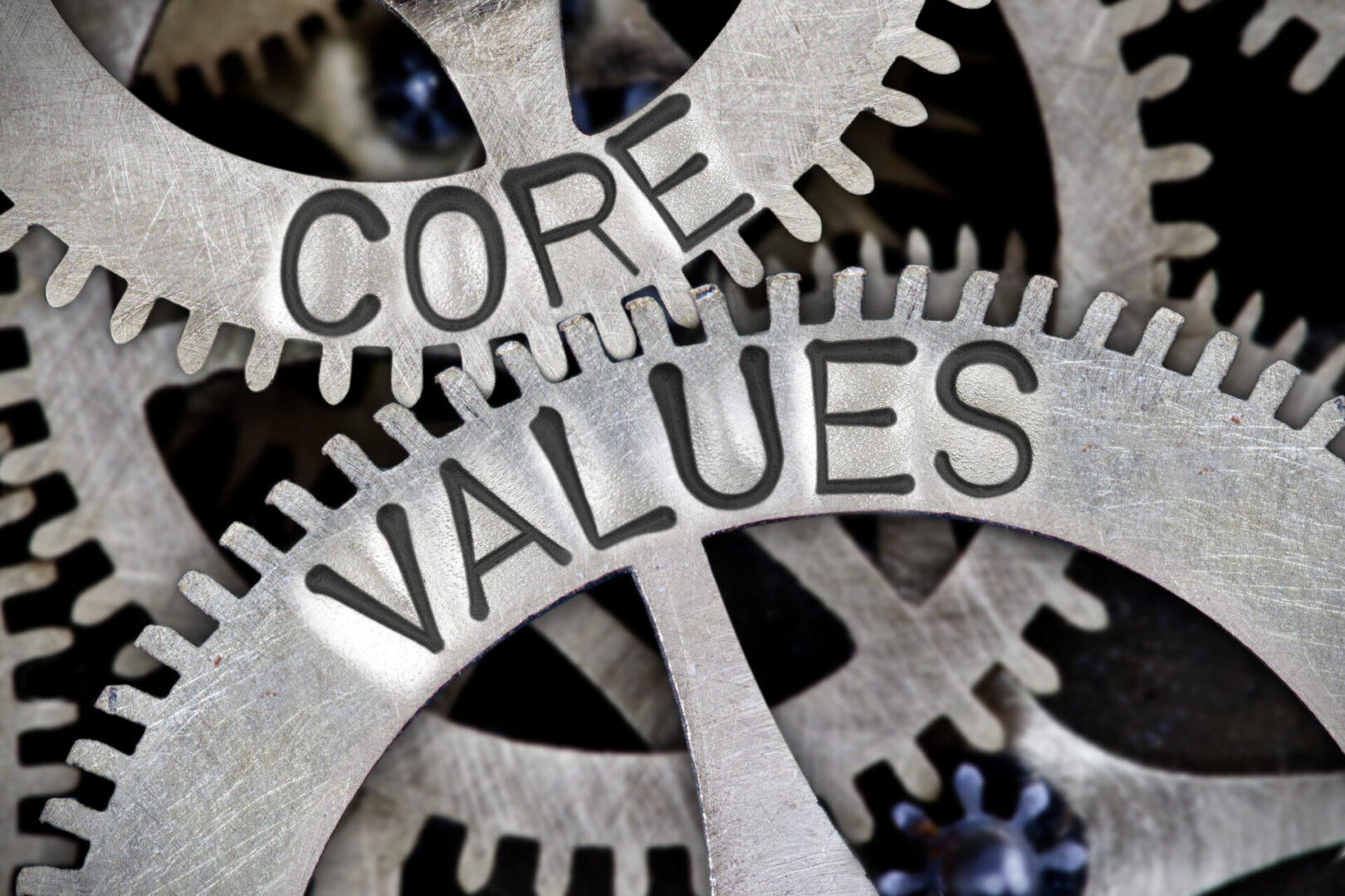 Macro photo of tooth wheel mechanism with CORE VALUES letters imprinted on metal surface